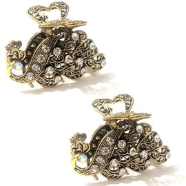 Luxxii - (2 Pack) 2" Mini Vintage Metal Crystal Rhinestone Hair Jaw Claw Clip (Gold Tone_C)