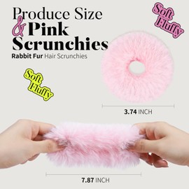 YGDZ 4PCS Pink Pom Pom Hair Ties, Furry Faux Rabbit Fur Light Pink Scrunchies, Hair Ties Ponytail Holders, Hair Accessories for Girls Women