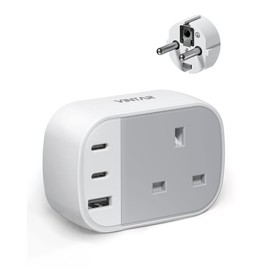 UK to European Plug Adapter, VINTAR Grounded Europe Travel Adapter with 2 USB C 1 USB A Ports, Travel Plugs UK to EU for Germany France Spain Greece Turkey Poland and More (Type E/F),1 Pack