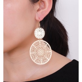 Filigree Disc Drop Earrings Double Round Disc Statement Earrings Metallic Brass Disc Dangle Hook Earrings