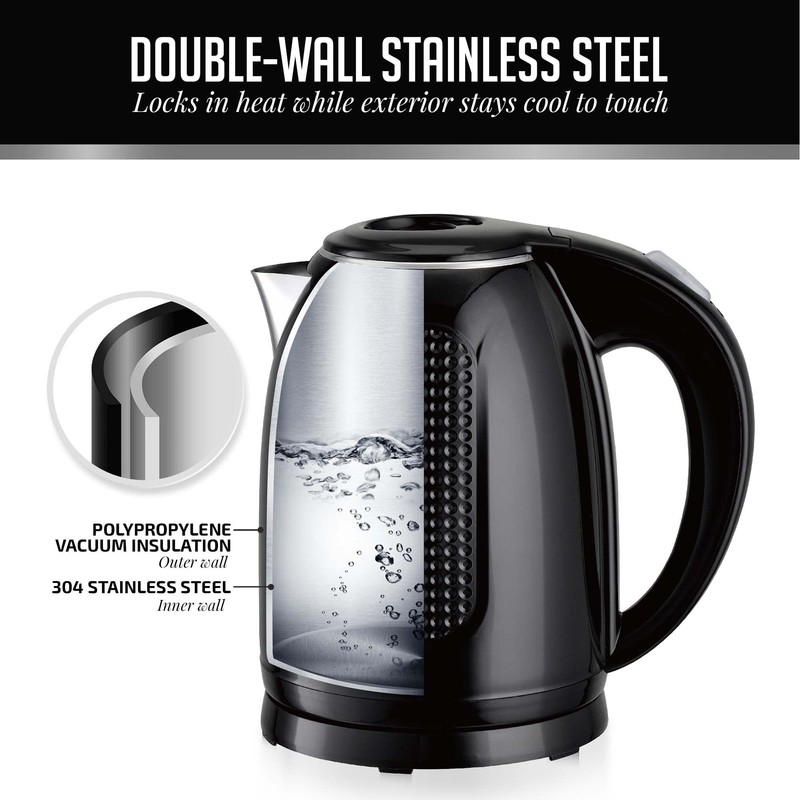 OVENTE 1.7L Double Wall Electric Tea Kettle, 1100W Water Boiler