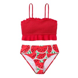 WDIRARA Girl's 2 Piece Set Watermelon Print Swimwear Smocked Ruffle Hem Bikini Set Red 10-11Y