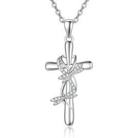 PRAYMOS Kreuz Kette Silber 925 Halskette Sterling Silber Halskette Ketten Kommunion Konfirmation Taufe Anhänger für Frauen Mädchen Damen (D-Libelle Kreuz Halskette)