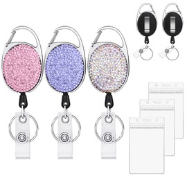 Vicloon Vicloon Einziehbarer Schlüsselanhänger mit ID Kartenhalter,3 Stücke Schlüsselanhänger Ausziehbar mit Ausweishalter, Schlüsselrolle Ausziehbar mit Bling Strass, für Lehrer Arzt Krankenschwester