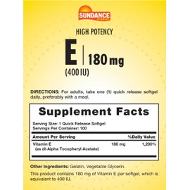 Sundance Vitamin E 180mg (400 IU) | 100 Quick Release Softgels | High Potency Formula | Non-GMO and Gluten Free Supplement