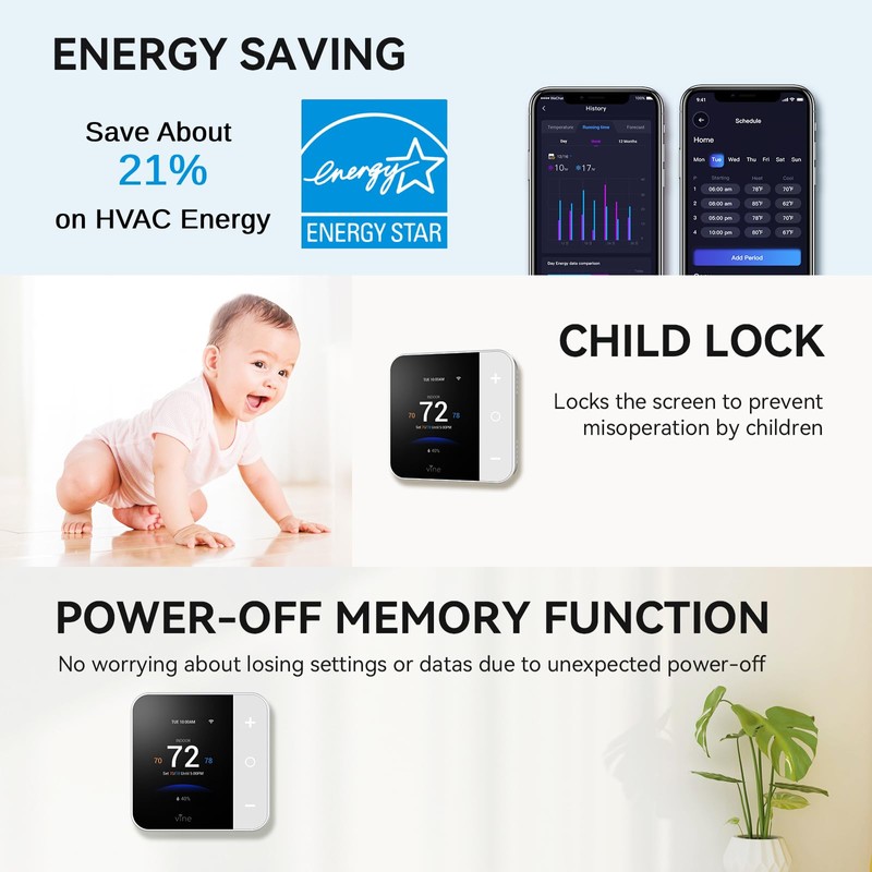 vine Thermostat for Home with Touchscreen Color Display, WiFi Smart