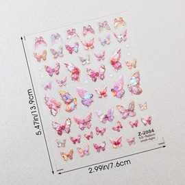 KFHENSOMR 10pcs Butterfly Nail Art Stickers, Pink Butterflies 5D Embossed Nail Decals, Pink Shell Light Butterflies Nail Decal, Self-Adhesive Decorations Nail Art Sticker for Women