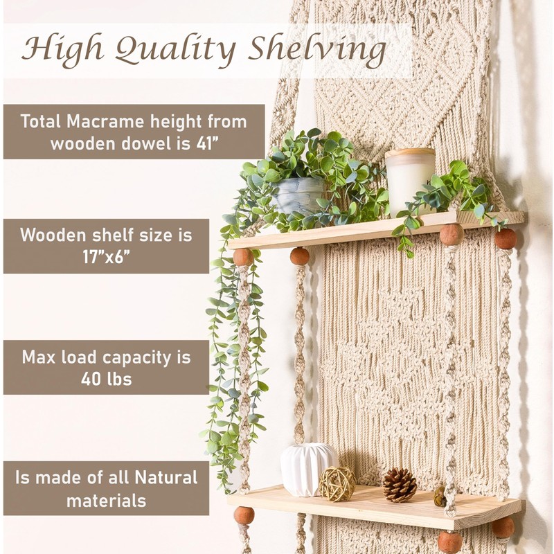 Induslyfe Macrame Wall Hanging Shelf 2 Tier Boho Wall Plant