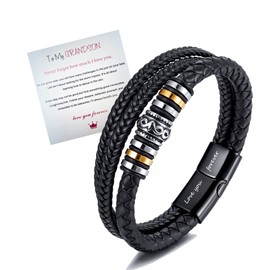 To My Son/To My Grandson Bracelet,"I Will Always Be With You" Braided Leather Bracelet for Men , Mens Braided Leather Bracelet Bangle Wristband,Stainless Steel Inspirational Wristband(8.3inch) (Stainless Steel)