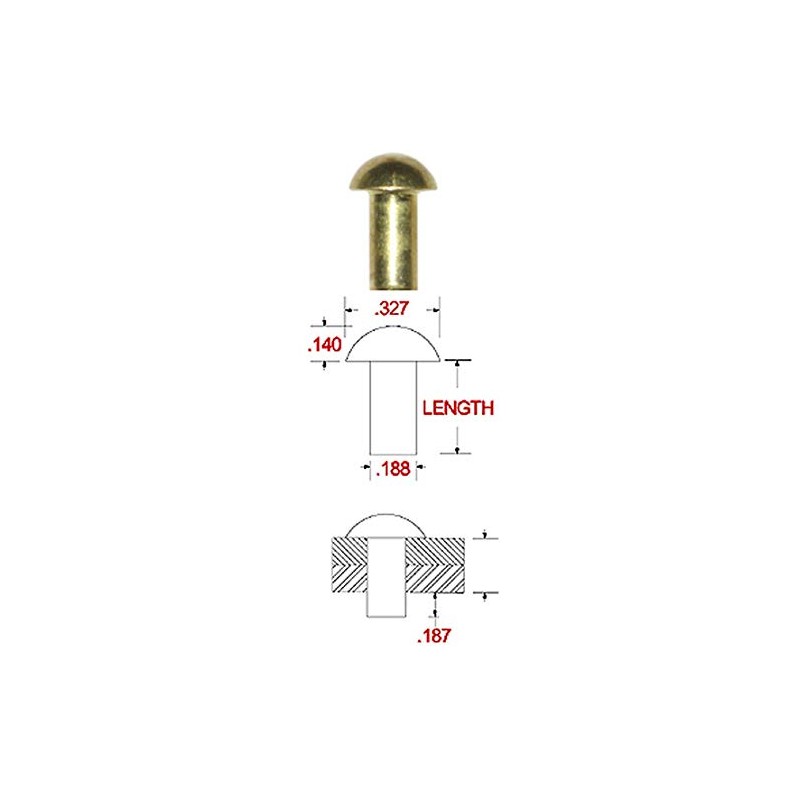 3/16" X 3/8" Solid Brass Round Head Rivet, .335 Head