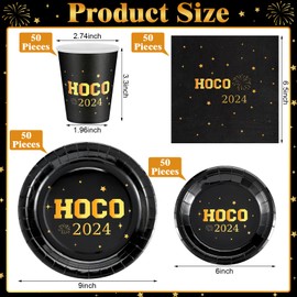 Teenyyou 200 Pcs HOCO 2024 Plates and Napkins Set Black Gold 2024 HOCO Tableware Serve 50 Guest HOCO Party Supplies Decorations Homecoming Disposable Dinnerware for School Celebration Supplies