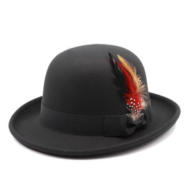MivBuks Bowler Derby Hat for Men Dress Hats for Women Short Brim Fedora Hat with Feather (US, Alpha, Large, Black)