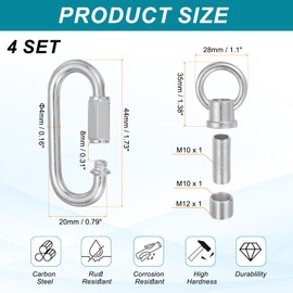 PATIKIL M10 Fine Thread Lamp Female Loop Holder with M12 Adapter Chain Quick Link, Lifting Eye Nut Hook Ring Structural Support to Chandelier, 44 lbs Load Silver Tone Pack of 4