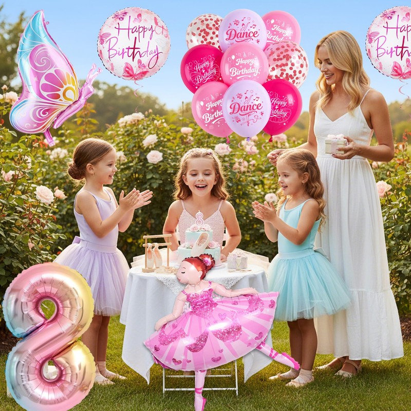 Palloncino decorativo per 8° compleanno, motivo: ballerina, rosa, con numero