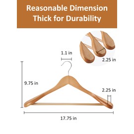 AMKUFO Wide Shoulder Wooden Hangers 8 Pack Coat Hangers with Non Slip Pants Bar, Heavy Duty Suit Hangers Wood Clothes Hangers with Smooth Finish 360° Swivel Hook for Sweater Jackets Shirts Natural