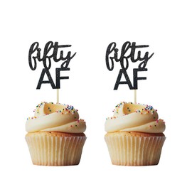 Morndew 24 PCS Black Glittery Fifty AF Cupcake Toppers for 50th Birthday 50th Anniversary Retirement Party Decorations