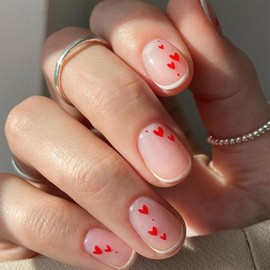 French Tip Press on Nails Short Square Fake Nails Valentine's Day White French Tip False Nails with Red Hearts Design Glossy Nude Pink Glue on Nails for Women Girls Manicure Art Decorations 24Pcs
