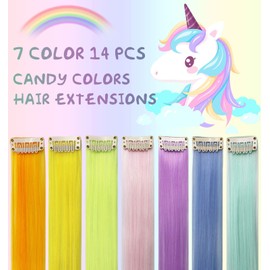 Fcysws 14PCS Colored Clip in Hair Extensions 21 Inch Heat-Resistant Synthetic Straight Multi-colored Hair Extensions for Women Girls Gift Party Wig Hairpiece (7Colored)