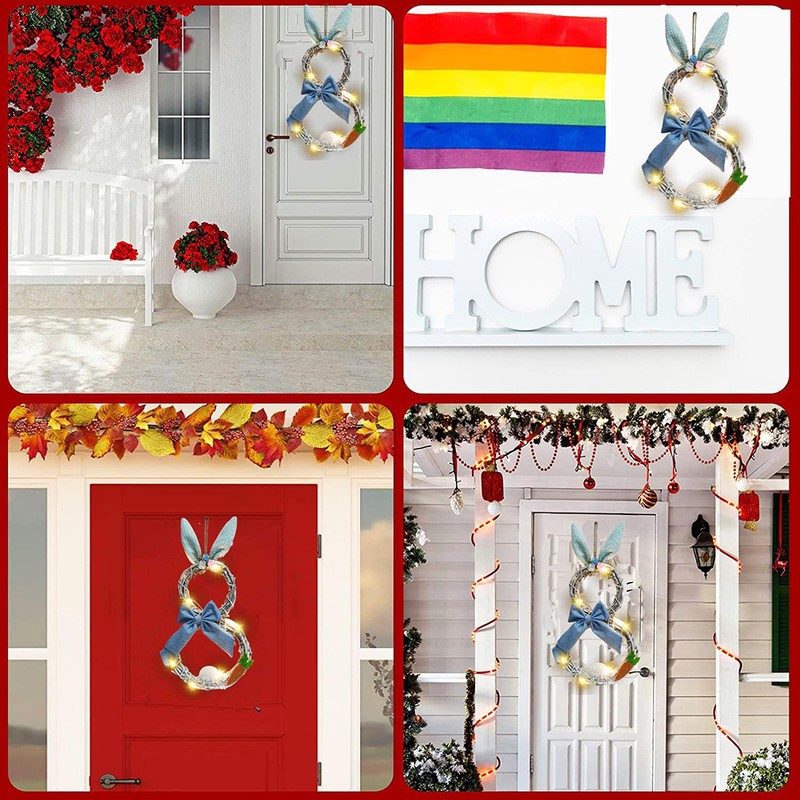 Easter Decoration Wreath with Light Handmade Rattan Easter Rabbit Wreath