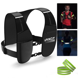 LPQKCcY Running Vest with 2 Hi Vis Reflective Armbands, Reflective Running Vests Women Mens with Adjustable Waistband, Lightweight Hydration Vest, 5 Pockets Phone Holder and Storage