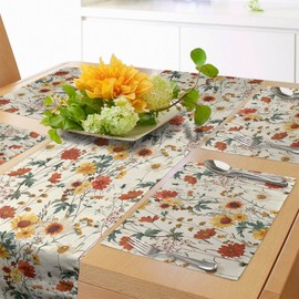 Lunarable Fall Table Runner & Placemats, Vintage Autumnal Theme Farmhouse Vibe Wild Flowers Illustration Print, Set for Dining Table Decor, Placemat 4 pcs + Runner 16"x72", Beige Cinnamon and Mustard