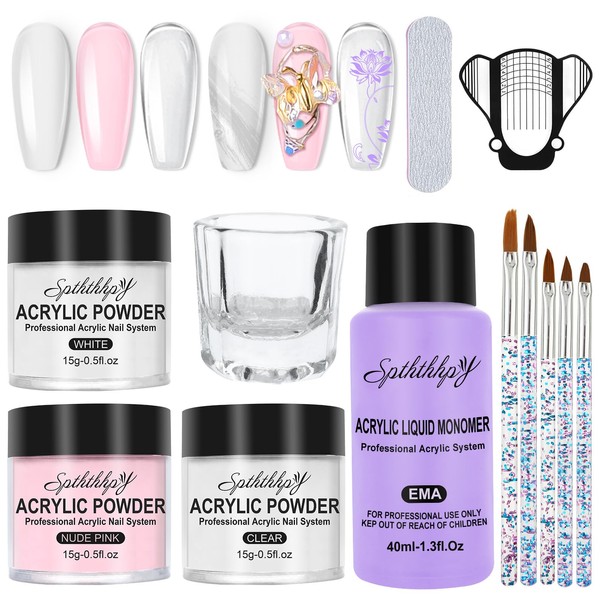 SPTHTHHPY Acrylic Nail Set, Acrylic Powder Set, 3 Colours and 90 ml Acrylic Liquid Professional Liquid Set, Acrylic Nail Brushes, Nail Shapes for Nail Design, Very Suitable for Beginners