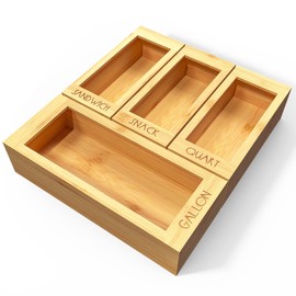 DALSHABET Bamboo Storage Bag Organizer for Kitchen Drawer, 4 Separate Food Storage Bag Organizer, 12x14 Baggie Organizer Dispenser for All Brands Gallon, Snack, Sandwich & Quart Slider Bags Beige