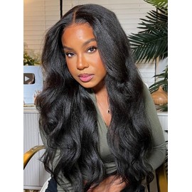 Nadula Bye Bye Knots Glueless 7x5 Lace Front Wig Human Hair Yaki Wavy Flip Out Bang Wig Pre Plucked Pre Bleached Natural Hairline Put On and Go Wig 150% Density for Women 20inch