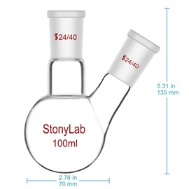 StonyLab Glass 100ml Heavy Wall 2 Neck Round Bottom Flask RBF, with 24/40 Center and Side Standard Taper Outer Joint - 100ml
