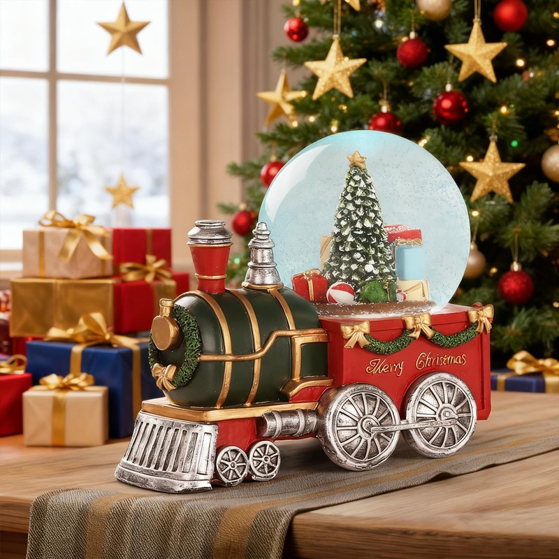 Lighted Musical Christmas Train Snow Globe Lantern with Christmas Trees,