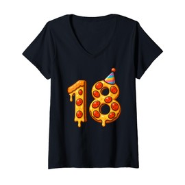 Womens Pizza 18th Birthday 18 Years Old Party Hat Bday Boys Girls V-Neck T-Shirt