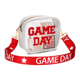 Game Day Clear Bag for Stadium Events with Letter Patches Stadium Approved Clear Crossbody Purse for Concerts Sports Events, Red White 1