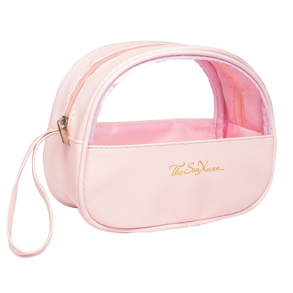 LETGO Clear Mini Makeup Bag for Purse, Small Cute Cosmetic Bag Leather Travel Toiletry Bag Waterproof Travel Coin Pouch Transparent Storage Bag Handle Make Up Organizer Bag for Women (pink small)