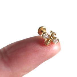 18G Stainless Steel Threaded Tiny CZ Bee Flat Back Labret Stud Earring Cartilage Tragus Stud Gold Nickle Free Hypoallergenic HANDMADE IN USA (GOLD8MM[LONG], COLORLESS)