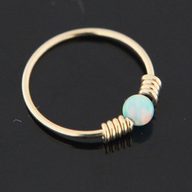 AZARIO LONDON 9K Solid Yellow Gold Light Green Opal Stone with Double Spring Coil 22 Gauge Hoop Nose Ring Tragus Helix Piercing
