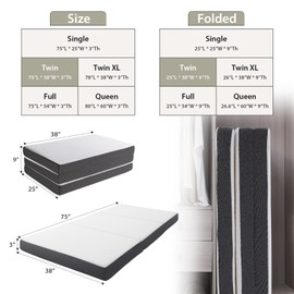 HUEIFY Tri Fold Memory Foam Foldable Mattress Twin, 3 inch Folding Mattress for Guest Sleep. Portable Trifold Mattress with Removable Washable Cover, Floor Sleeping Mat for Adult and Kid