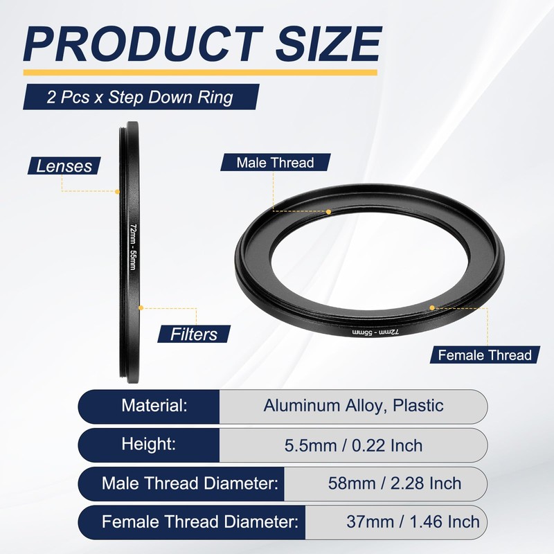 PATIKIL Step Down Ring Adapter 72mm to 55mm, 2 Pcs