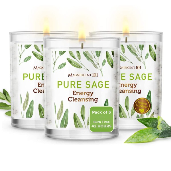 Magnificent 101 Pure Sage Smudge Candles - Set of 3 for House Energy Cleansing, Aromatherapy, Meditation, Manifestation, and Banishing Negative Energy | 3.5 oz each Natural Soy Wax | 42-Hour Burn Time