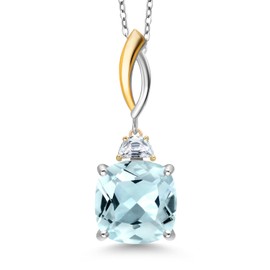 Gem Stone King 925 Silver and 10K Yellow Gold 12MM Cushion Gemstone Birthstone 2-Stone Drop Pendant Necklace for Women with Half Moon White Moissanite and 18 Inch Silver Chain