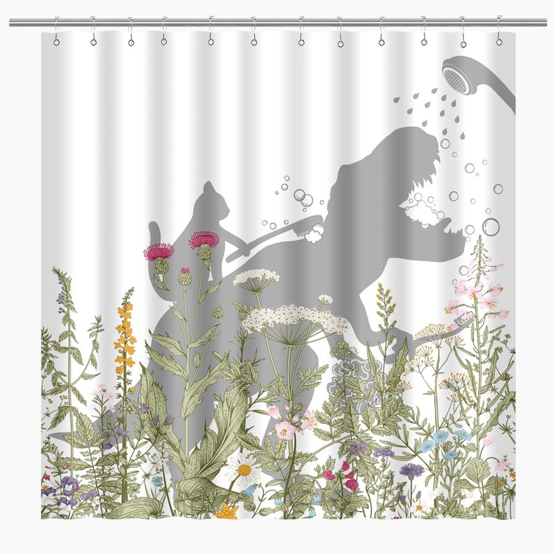 BIYSUC Cat Dinosaur Shower Curtain Funny Cat Help Dino Bathe
