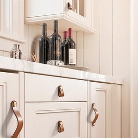 Pack of 4 Leather Handles with Copper Rivets Leather Handles for Furniture Leather Furniture Handles Leather for Cabinets Leather Furniture Handles for Children's Room (Double Hole, Khaki)