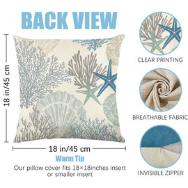 4 PCS Nautical Coastal Pillow Covers - Maritime Images Pillow Set for Sofa Beach Chair Accessories Shells Beach Pillowcase 45x45 Set Beach Decoration Outdoor String Lights Maritime Decor Pillows