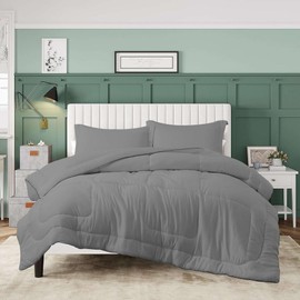 3-Piece Reversible Luxury Satin Silk Comforter King Size | Modern Contemporary Style Shabby Chic Bedding | Slate Light Grey Solid Color Pattern | Fluffy Cozy Stylish Gorgeous Soft Premium Polyester