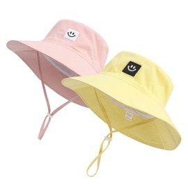 Ducclucc Toddler Girl Sun Hats UPF 50+ Wide Brim with Smile Face, Adjustable Chin Strap, Lightweight Hat for Beach Swim (US, Age 2-7 Years, Pink/Yellow)