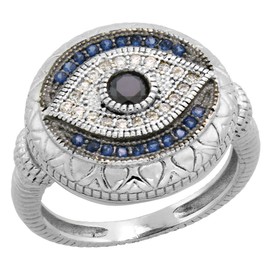 Art Deco Style Sterling Silver Evil Eye Ring w/Synthetic Blue Sapphires & CZ stones 5/8 inch, size 8