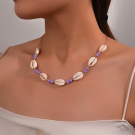 TseenYi Boho Cowrie Shell Choker Necklace Shell Chain Purple Tiny Pearl Beadeds Chain Necklace Shell Strand Necklace Summer Beach Rope Necklace Jewellery for Women and Girls, Zinc