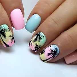 24Pcs Press on Nails Short Square Fake Nails Summer Palm Tree Acrylic Nails Press on Glossy Blue Pink Glue on Nails with Twilight Beach Designs Summer Artificial Nails for Women Girls