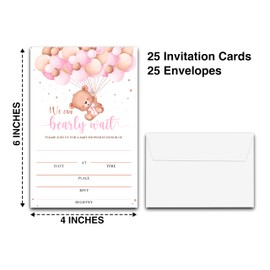 Pink Bear Balloons Baby Shower Invitation Cards With Envelopes（4" X 6"）- Bearly Wait Baby Shower Invites For Boys & Girls, Baby Gender Reveal Party Decorations Supplies - 25 Sets - D15
