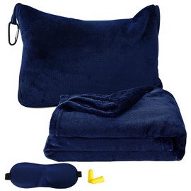 Bocguy Travel Blanket Aeroplane Travel Gadgets with Sleep Mask and Earplugs, 2-in-1 Transformation Pillow Travel Blanket, Portable Thin Blanket for Camping, Business Trips (Dark Blue)