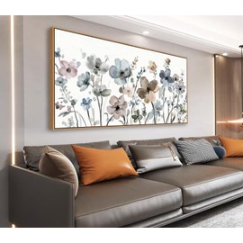 NINEASO Flowers Framed Canvas Wall Art - Cream White Flowers Pictures Abstract Beige Floral Wall Decor Botanical Painting Print Artwork Living Room Bedroom Home Office Decorations 20" x 40" Natural